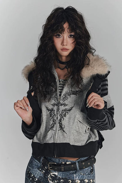 ファーカラーーパッチワークショートジャケット