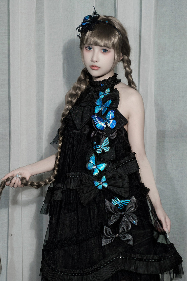 [Pre-order Deadline: October 14] Black/White Gothic Lolita Blue Butterfly Bow Tulle Ruffle Layered Halter Dress