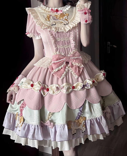 【8月20日予約締切】ピンク×パステルスイートロリータエンブロイダリーフリルリボンティアードドレス