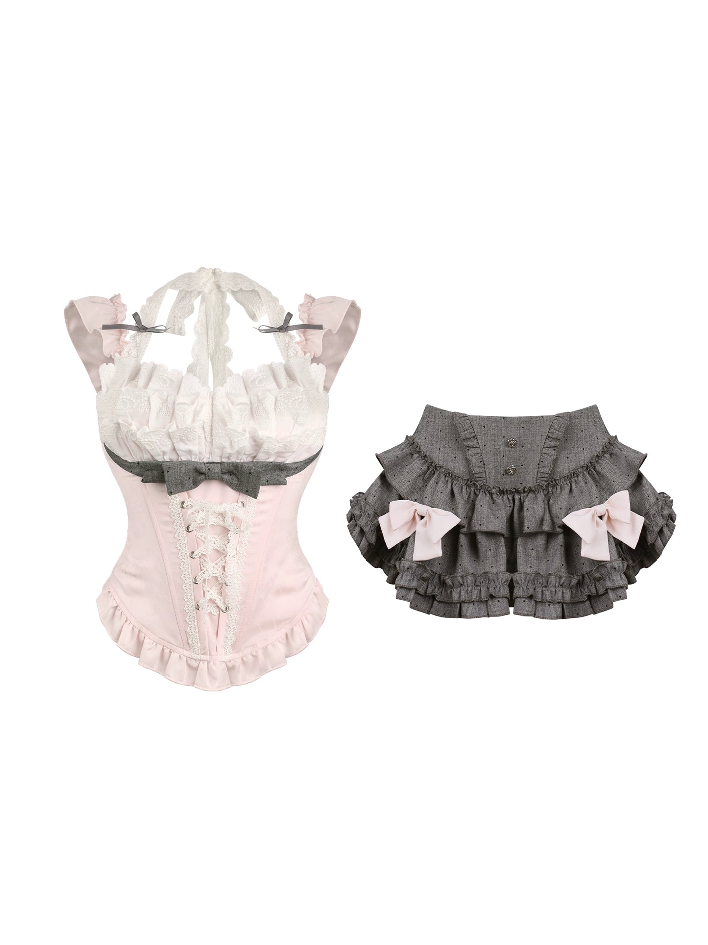 ピーチピンクコルセットトップス＋ドットケーキスカート