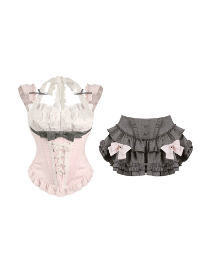 ピーチピンクコルセットトップス＋ドットケーキスカート