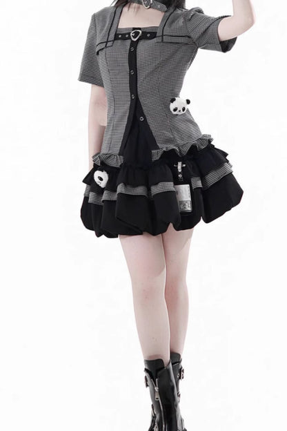 Plaid College Shirt + Shirt + Puff Skirt