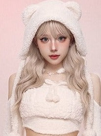 Pure White Fur Top + Fur Slit Skirt + White Bear Hat