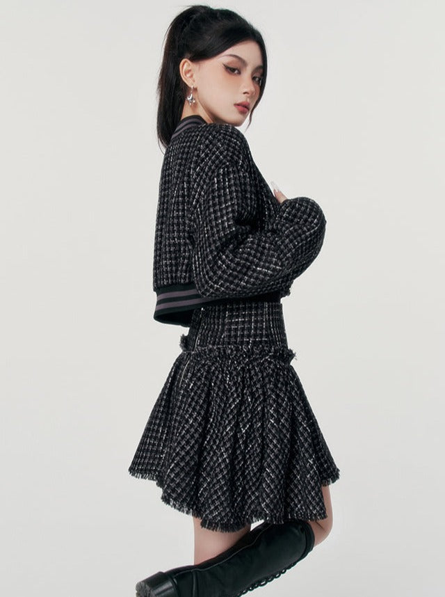 Retro College Tweed Jacket + Small Flared Skirt