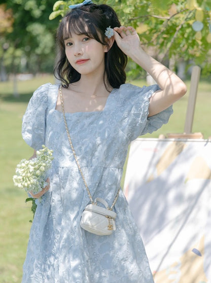 Blue Puff Sleeve Square Neck Dress