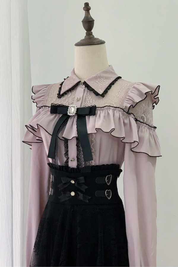[Pre-order Deadline: September 29] Pink Sheer Lace Ruffle Blouse with Jewel Ribbon + Tulle Layered Mermaid Skirt + Jewel Ribbon Lace Mini Skirt