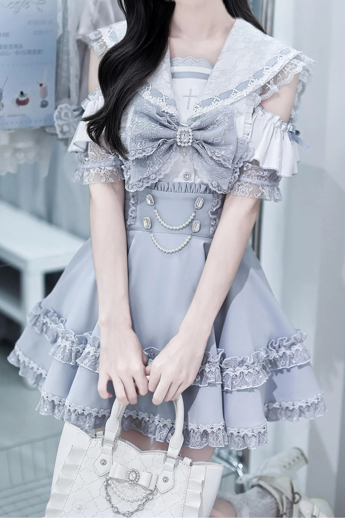 [Pre-order Deadline: August 30] Blue and White Lace Sailor Gothic Open-Shoulder Short-Sleeve Ribbon Shirt + Pearl Chain Frill Skirt