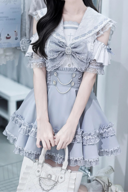 [Pre-order Deadline: August 30] Blue and White Lace Sailor Gothic Open-Shoulder Short-Sleeve Ribbon Shirt + Pearl Chain Frill Skirt