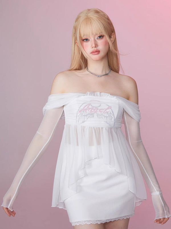 エンジェルプリントシアーワンショルダートップス＋レーススカート