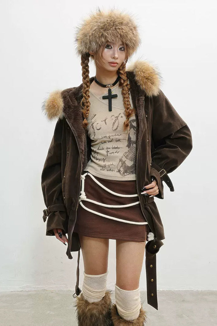 フレンチレトロベルベットファーフードジャケット