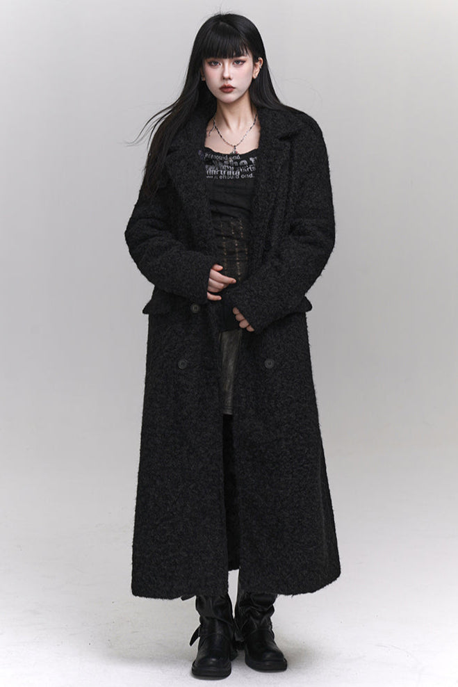 High neck mode dark long wool coat