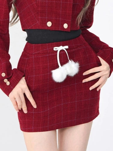 Red Check Fragrance Short Jacket + Skirt