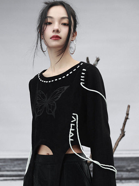 Daqing Dragon Sweet Cool Girl High Waist Sweatshirt Women's 2023 Autumn New Knitwear Butterfly Embroidery Irregular Top