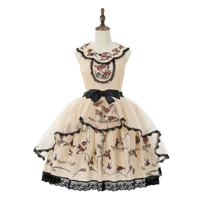Blumen- und Vogeldruck-Kleid + Oberteil + Jacke + Hut