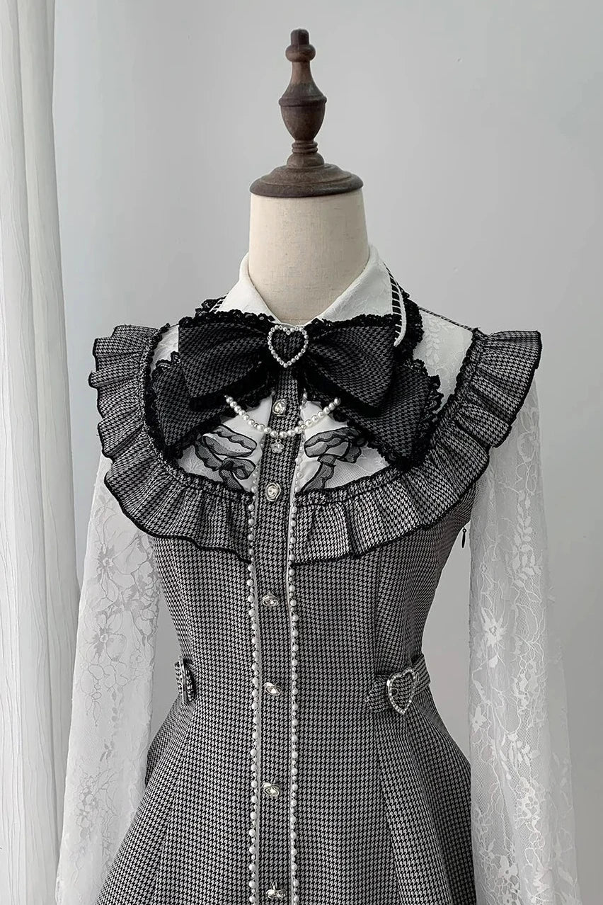 [Pre-order Deadline: November 15] Houndstooth Lace Sleeve Ruffle Dress + Matching Shorts + Pearl Ribbon Set