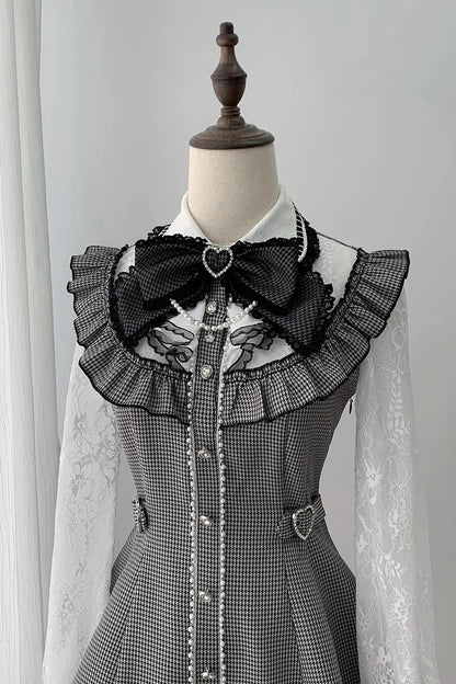 [Pre-order Deadline: November 15] Houndstooth Lace Sleeve Ruffle Dress + Matching Shorts + Pearl Ribbon Set