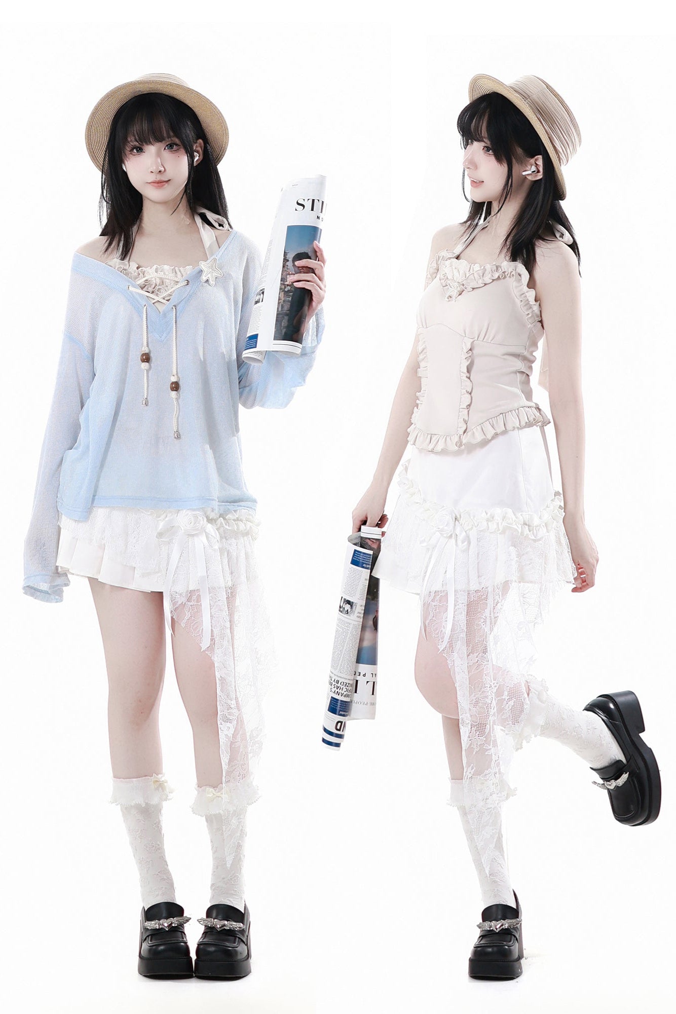 Seaside-Smok-Oberteile + Neckholder-Unterhemd + Asymmetrischer Rock
