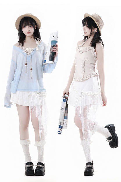 Seaside-Smok-Oberteile + Neckholder-Unterhemd + Asymmetrischer Rock