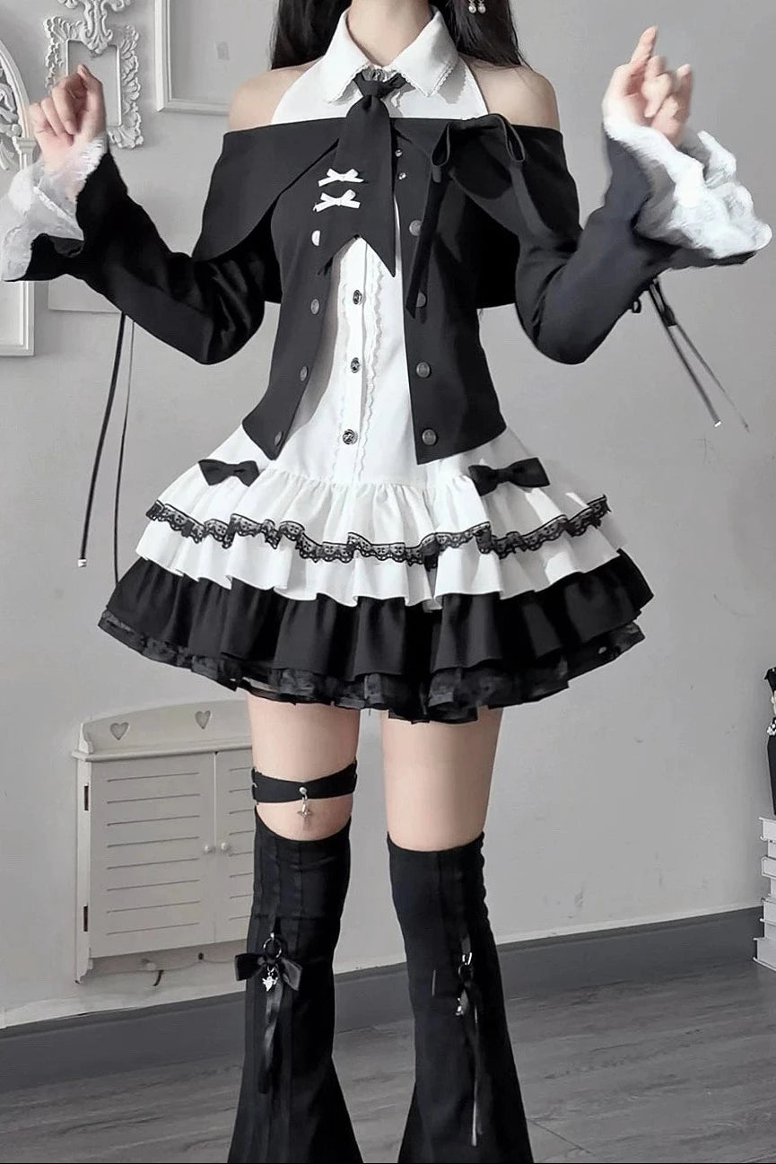 [Pre-order Deadline: October 15] Black Bow Off-Shoulder Lace Flare-Sleeve Jacket + Black and White Lace-Trim Bow Halter Dress with Tie