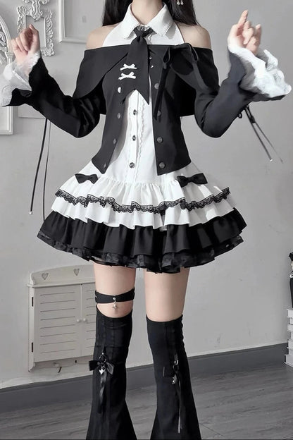 [Pre-order Deadline: October 15] Black Bow Off-Shoulder Lace Flare-Sleeve Jacket + Black and White Lace-Trim Bow Halter Dress with Tie