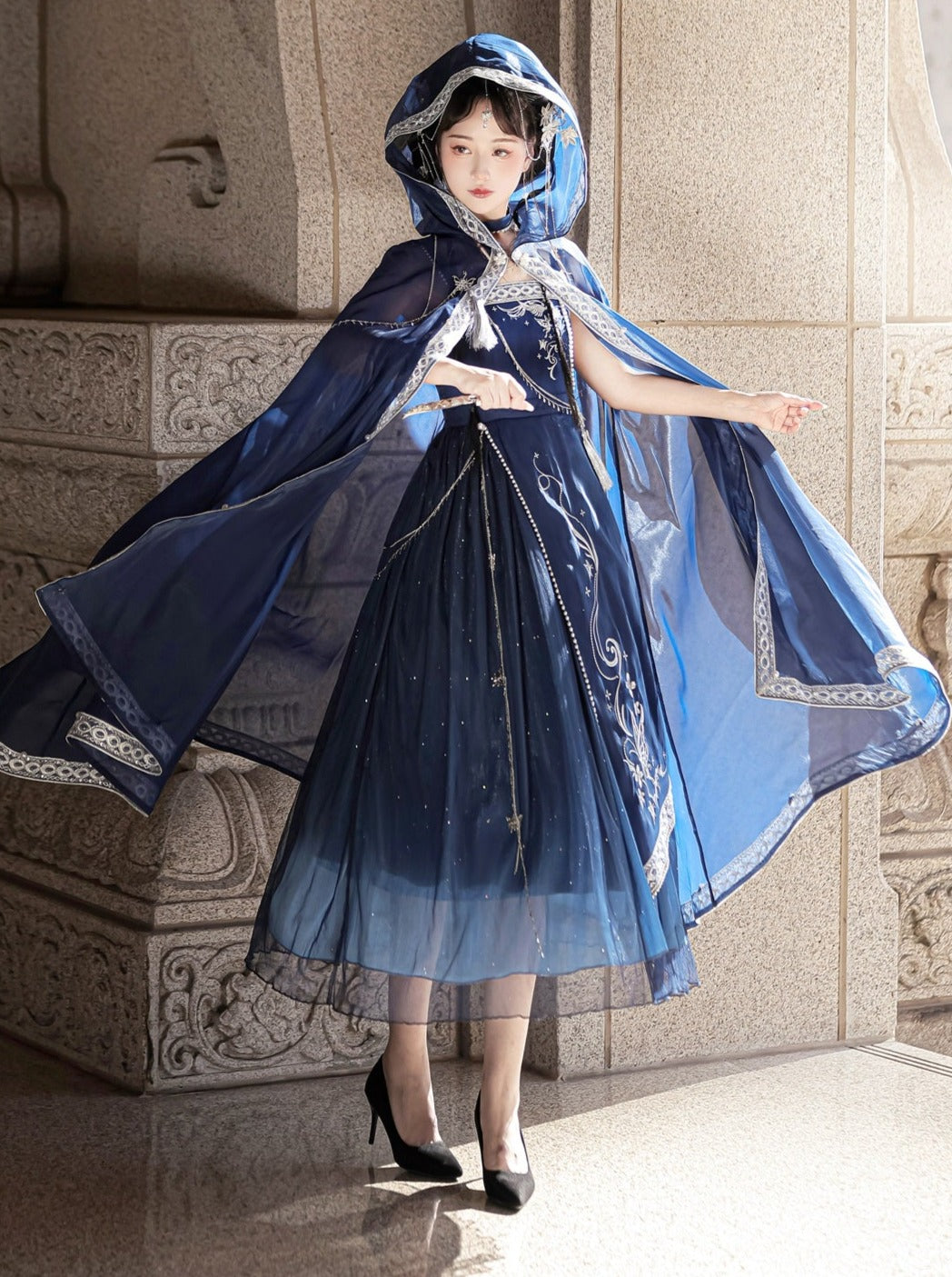 China design hooded cape + suspender dress