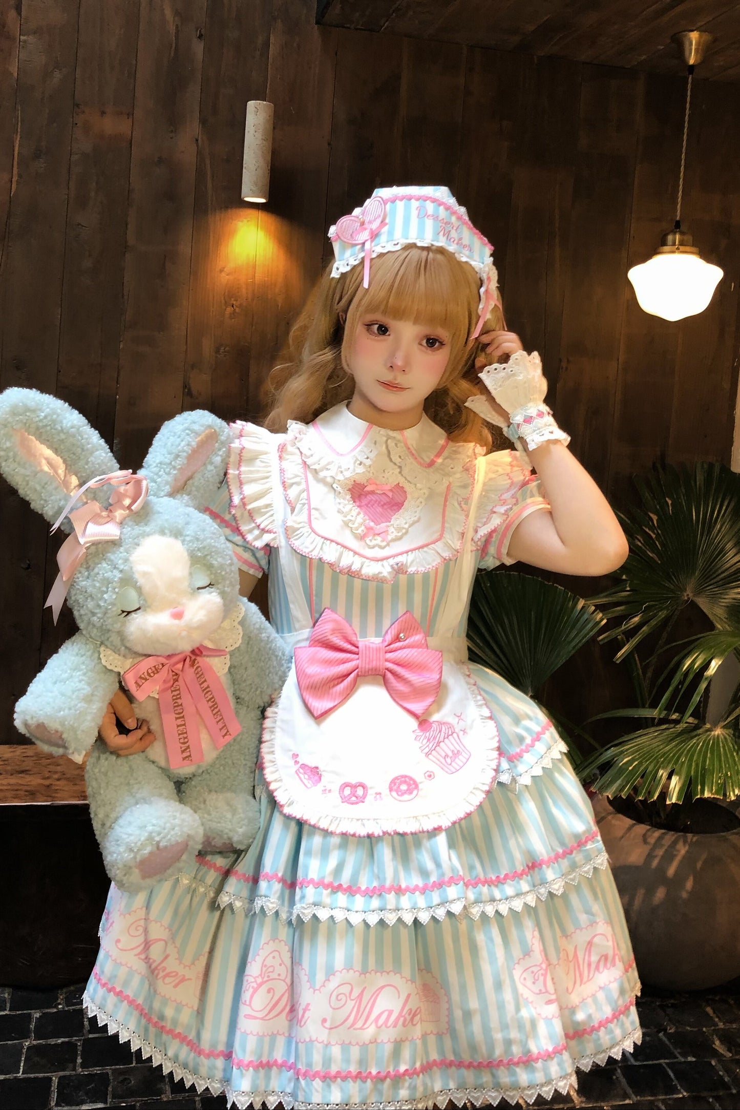 【6月18日予約締切】ピンク/ ブルー/ブラックスイートメイドロリータキャンディストライプティアードドレス＋ドレスセット1/2/3