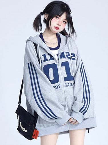 High Street Line Sleeve Oversized Hoodie Zip Jacket