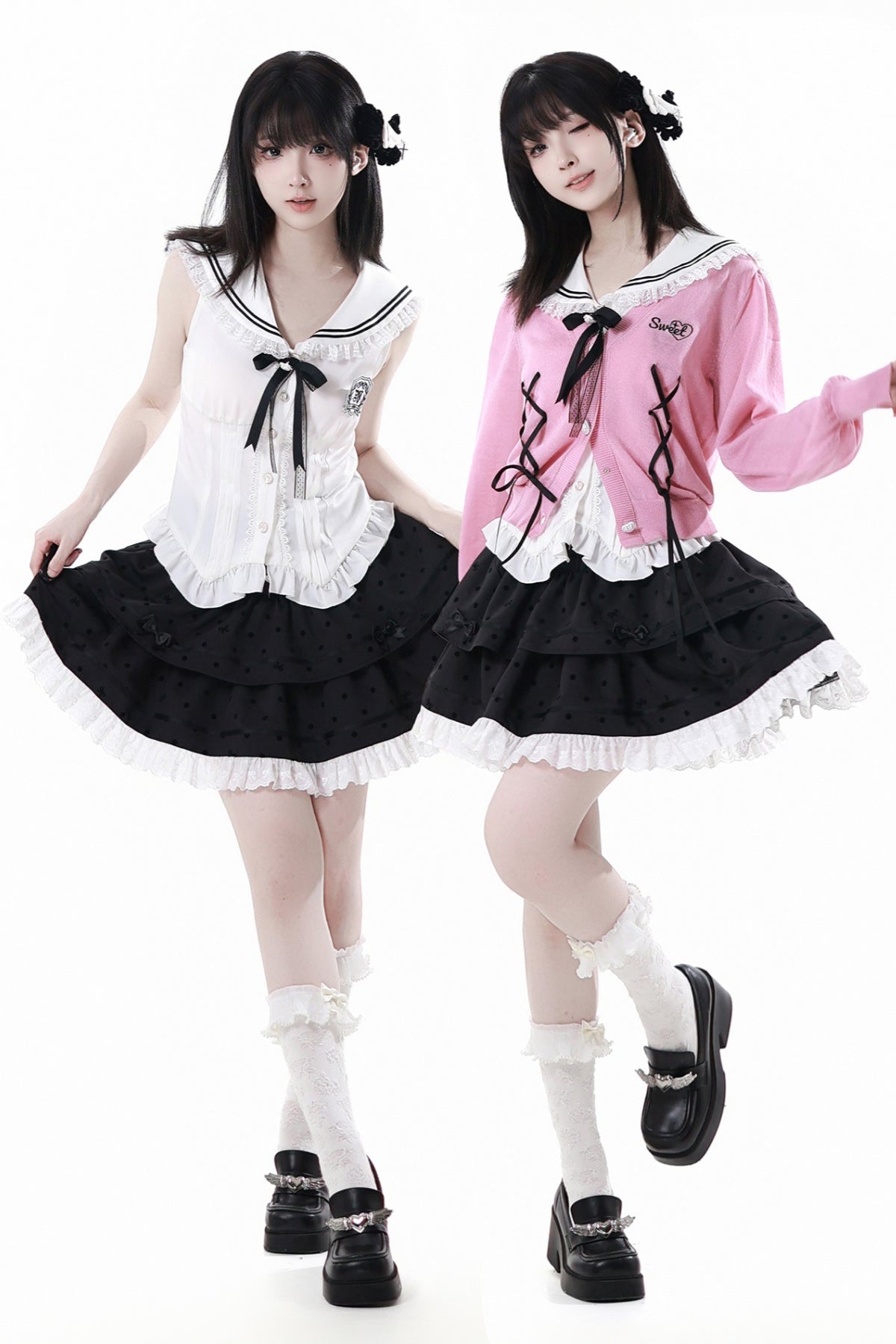 Cárdigan Dark Kawaii con cordones + Top marinero sin mangas + Falda