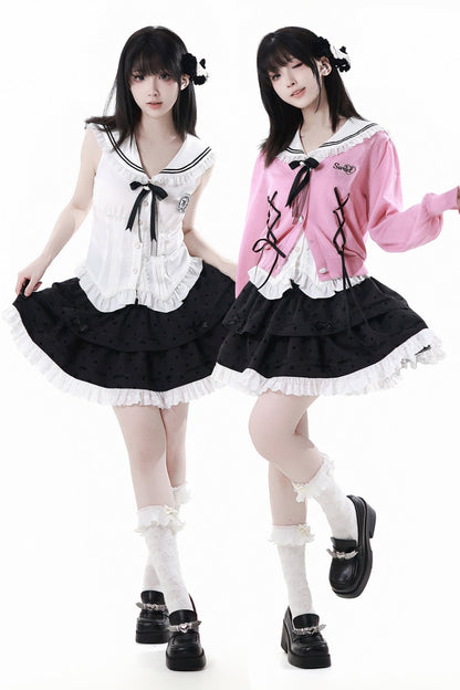Cárdigan Dark Kawaii con cordones + Top marinero sin mangas + Falda
