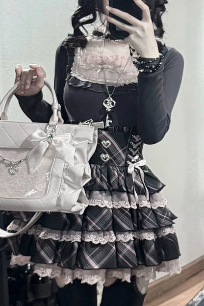 [Pre-order Deadline: October 30] Black Pink Lace Trim Square Neck Choker Design Knit Top + Lace Trim Plaid Tiered Skirt