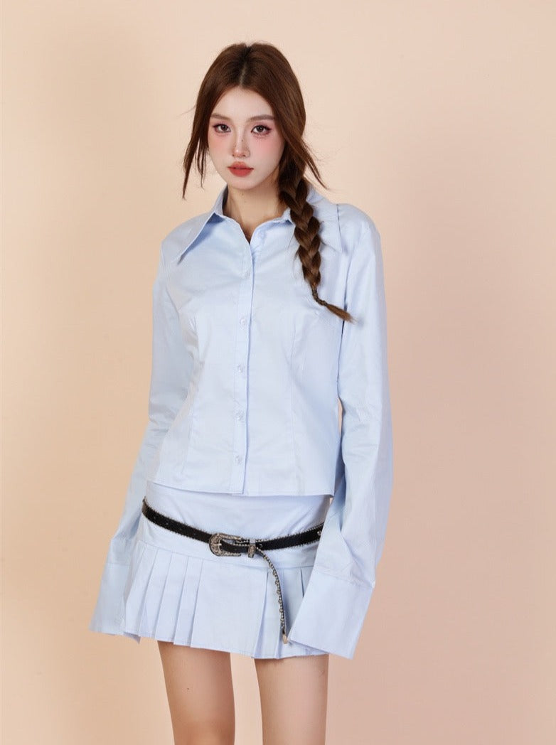 Chemise rétro style collège + jupe plissée + pull