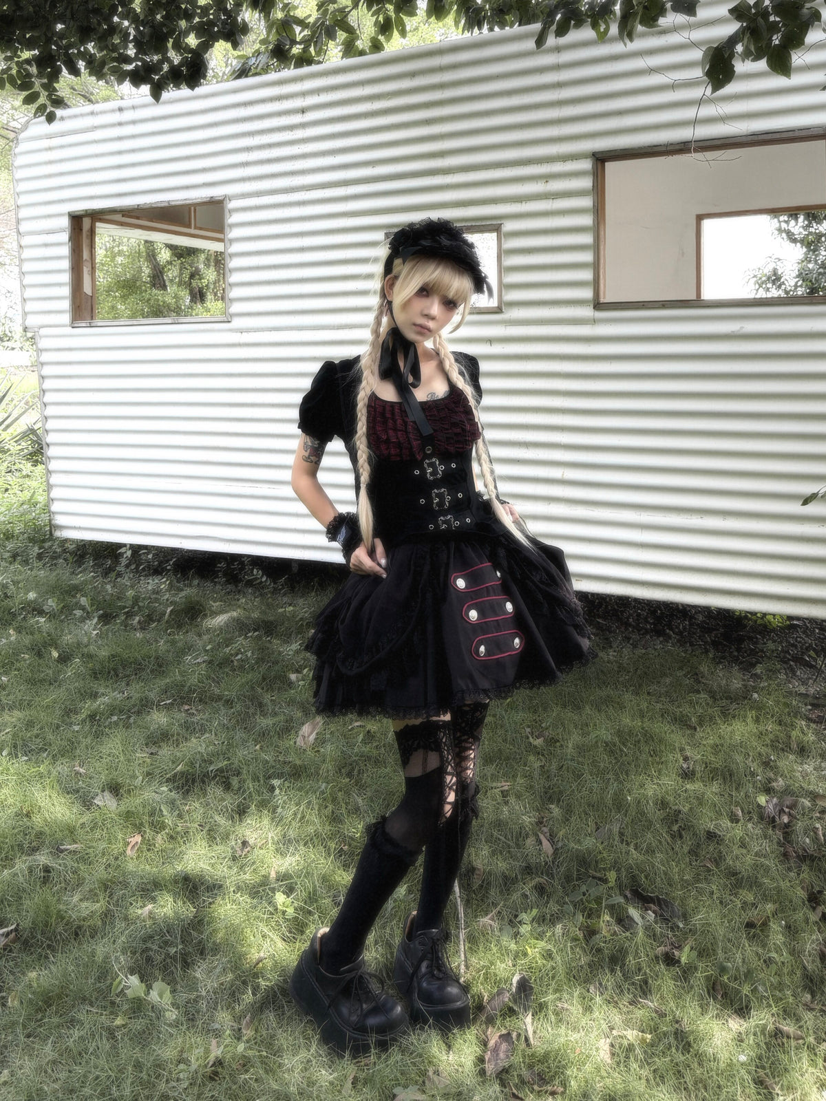 Original from Jiuyu Market: Black and Red Plaid Puff-Sleeve Knit Top with Military-Style Mesh Cake Skirt Set