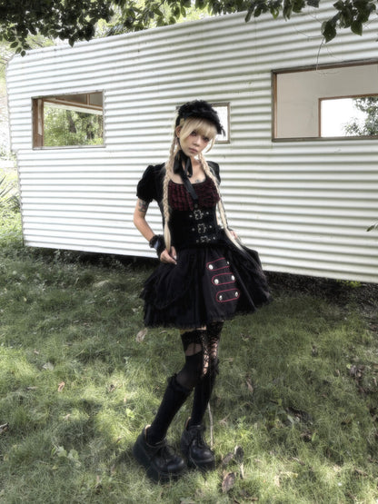 Original from Jiuyu Market: Black and Red Plaid Puff-Sleeve Knit Top with Military-Style Mesh Cake Skirt Set