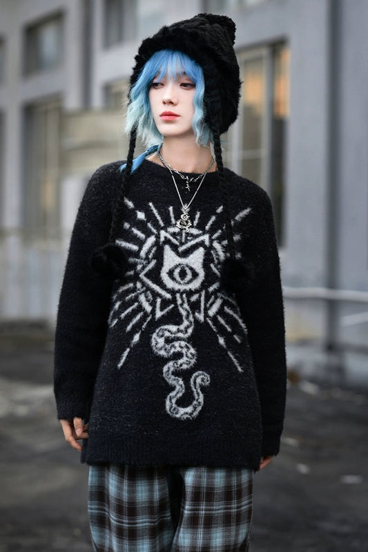 Weird House "Meow Meow Snake" black sweater loose and lazy girl autumn and winter imitation mink fur new Chinese jacquard top