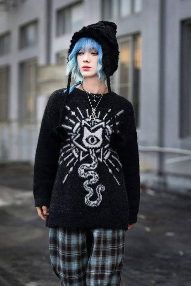 Weird House "Meow Meow Snake" black sweater loose and lazy girl autumn and winter imitation mink fur new Chinese jacquard top