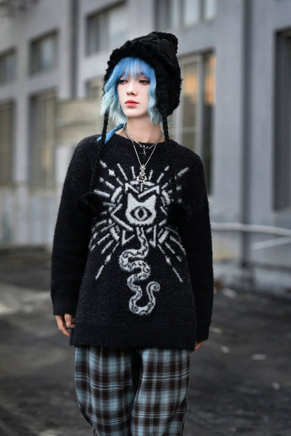 Weird House "Meow Meow Snake" black sweater loose and lazy girl autumn and winter imitation mink fur new Chinese jacquard top