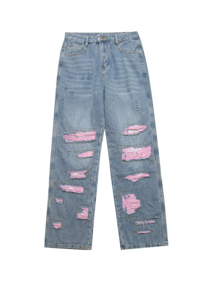 High Street Damage Design Wide Leg Straight Denim