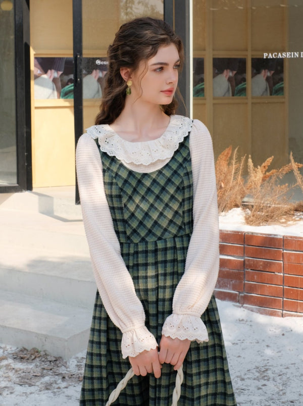 Retro Ruffle Lace Collar Blouse + Green Check Suspender Skirt