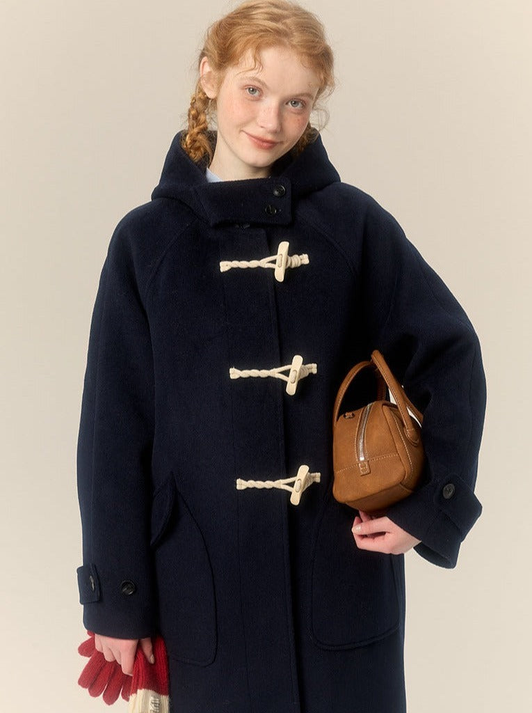 College Style Hooded Mid Length Horn Button Wool Coat