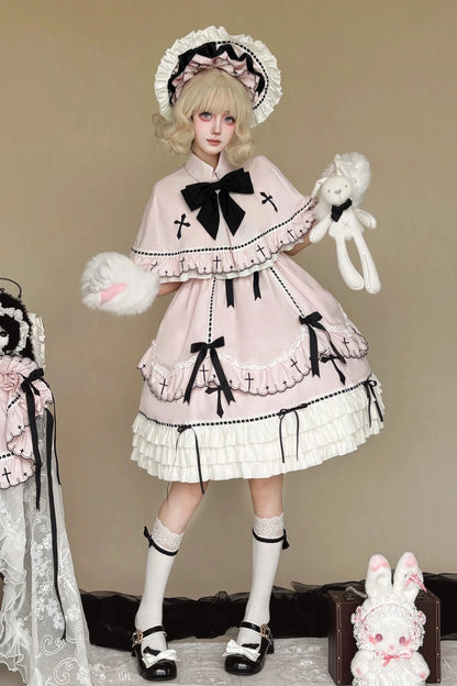 【10月4日予約締切】Pink Gothic-Inspired Sweet Lolita Ribbon Ruffle Dress＋Cross Embroidery Ribbon Cape
