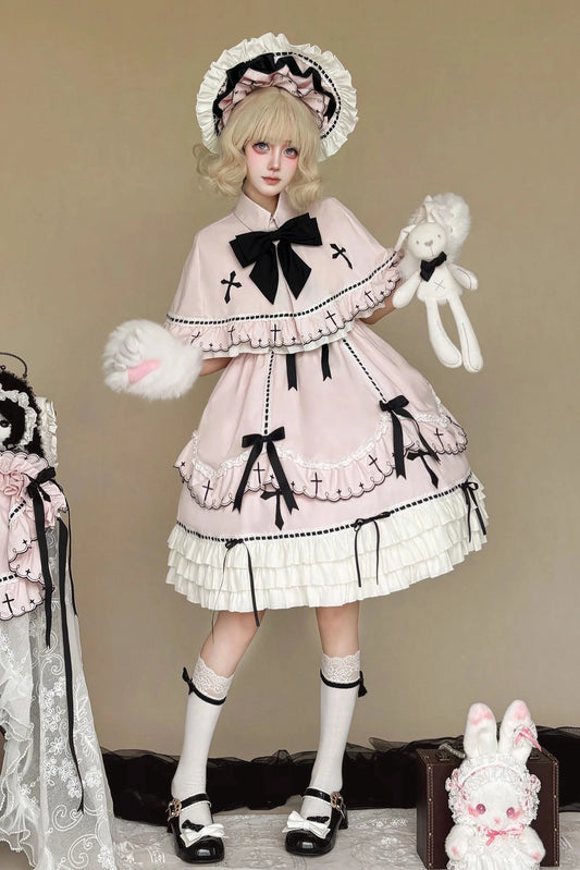 【10月4日予約締切】Pink Gothic-Inspired Sweet Lolita Ribbon Ruffle Dress＋Cross Embroidery Ribbon Cape