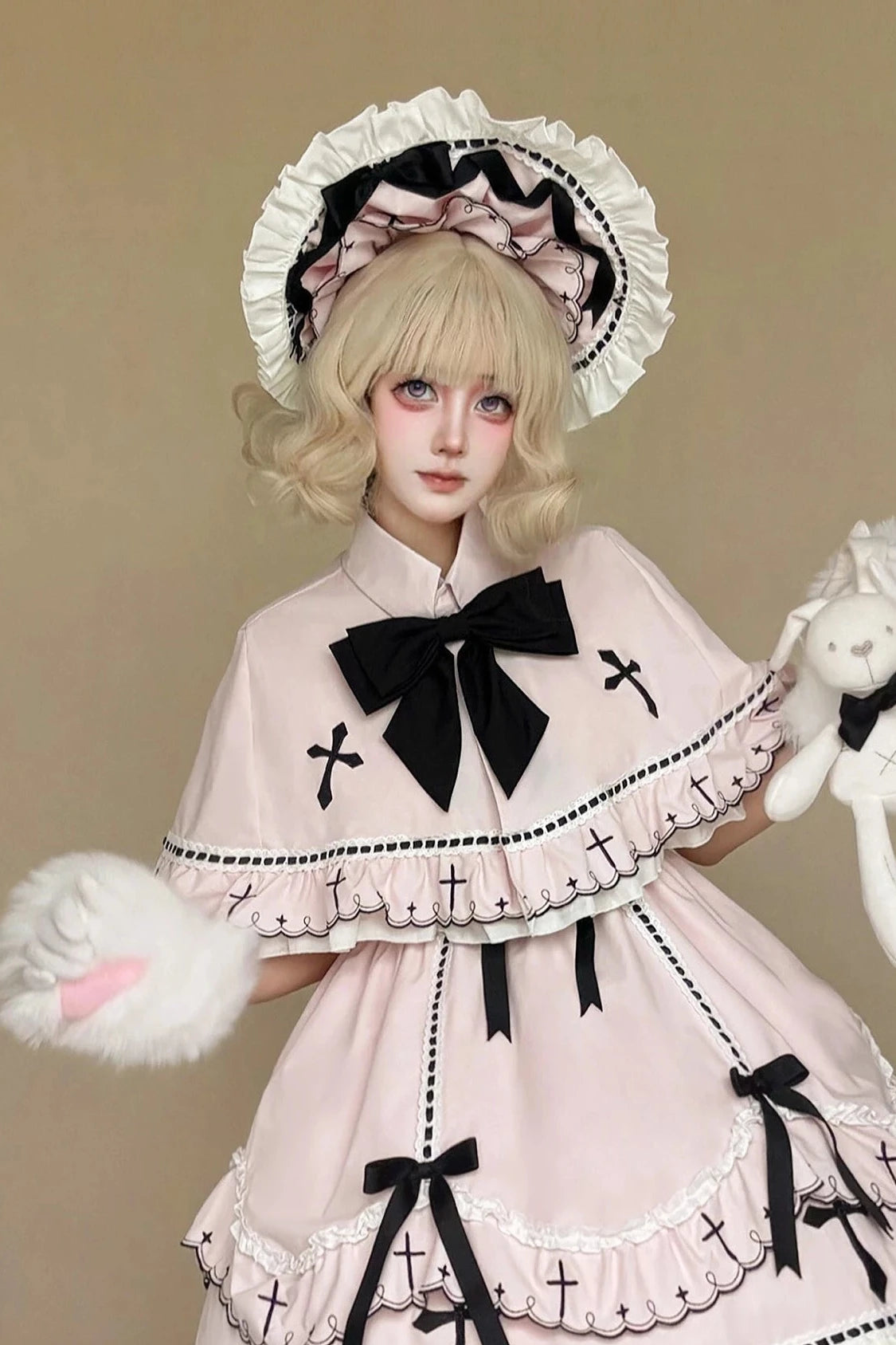 【10月4日予約締切】Four-color Gothic-style Sweet Lolita Cross Embroidery Ribbon Bonnet + Ruffle Scarf Headband