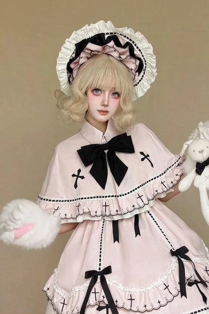【10月4日予約締切】Four-color Gothic-style Sweet Lolita Cross Embroidery Ribbon Bonnet + Ruffle Scarf Headband
