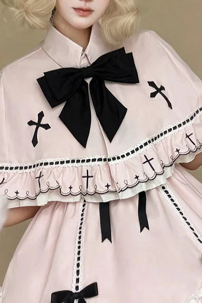 【10月4日予約締切】Pink Gothic-Inspired Sweet Lolita Ribbon Ruffle Dress＋Cross Embroidery Ribbon Cape