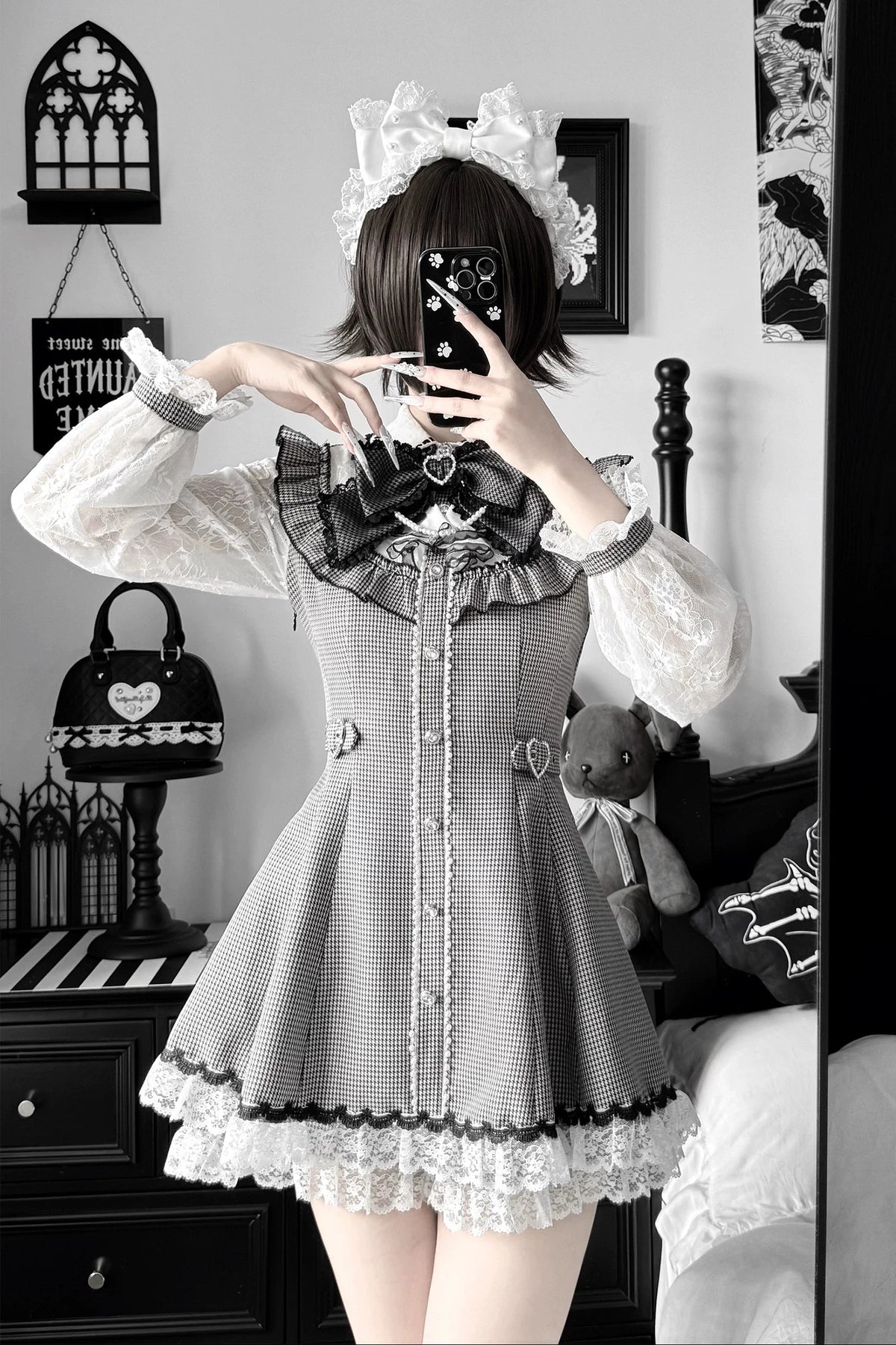 [Pre-order Deadline: November 15] Houndstooth Lace Sleeve Ruffle Dress + Matching Shorts + Pearl Ribbon Set
