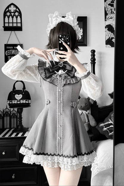 [Pre-order Deadline: November 15] Houndstooth Lace Sleeve Ruffle Dress + Matching Shorts + Pearl Ribbon Set