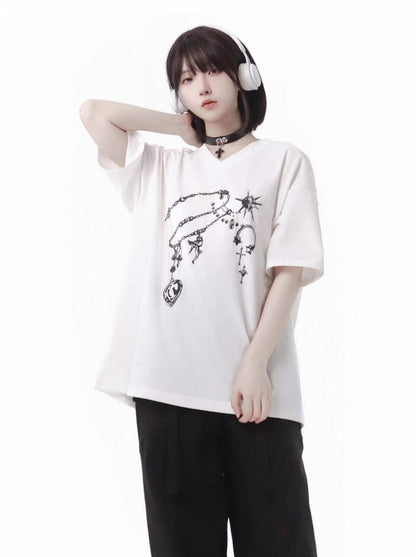 Black White Gemstone Print V-Neck T-Shirt