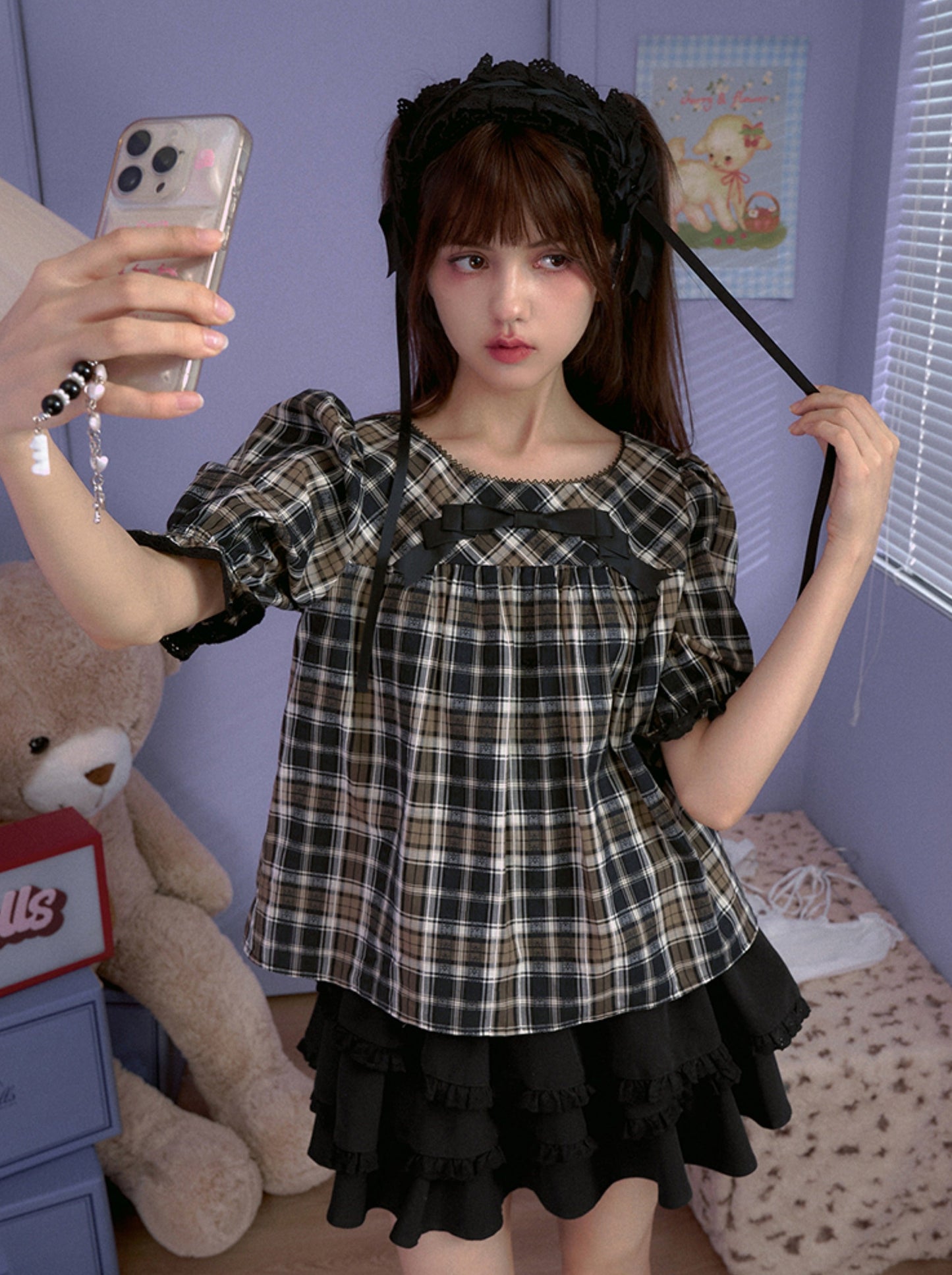 Dark Check Retro Ribbon Top