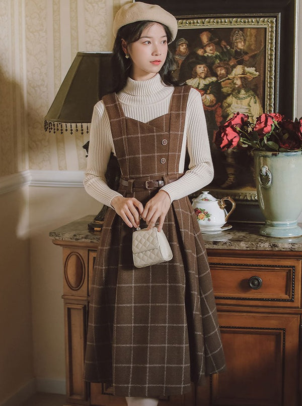 High Neck Rib Knit + Checked Suspender Skirt