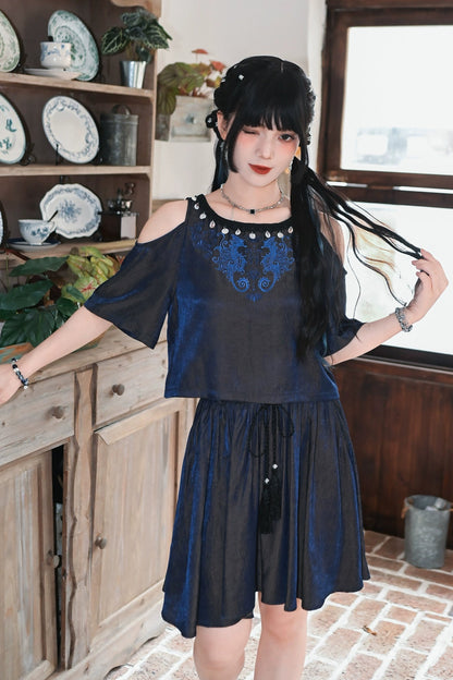 チャイナデザインオフショルダートップス+タッセルスカート